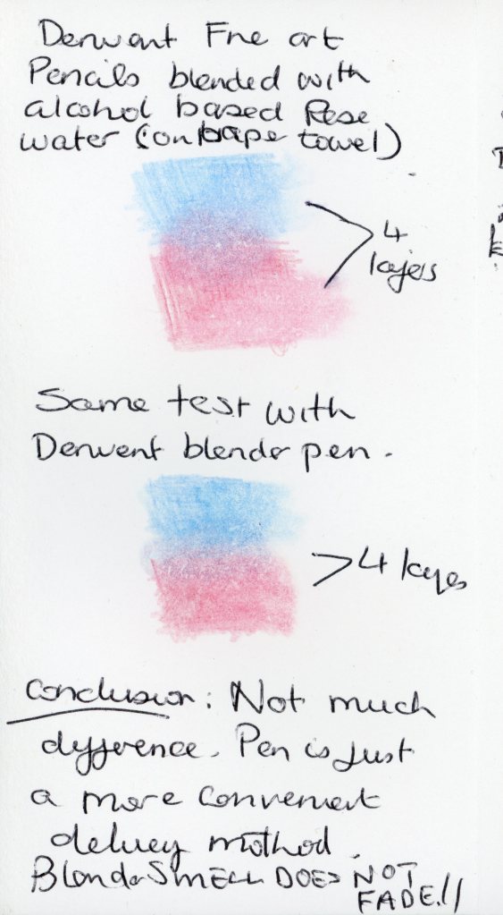 Comparing resiults of Derwent Alchohol based blender pen with Alcohol based Rose Water applied with a paper towel.